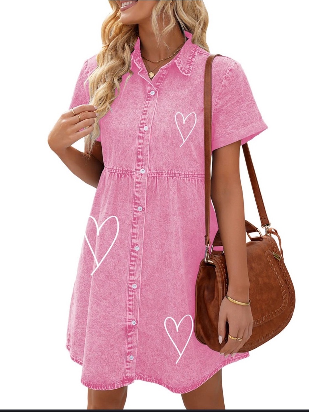 Pink Heart Print Button-Front Dress